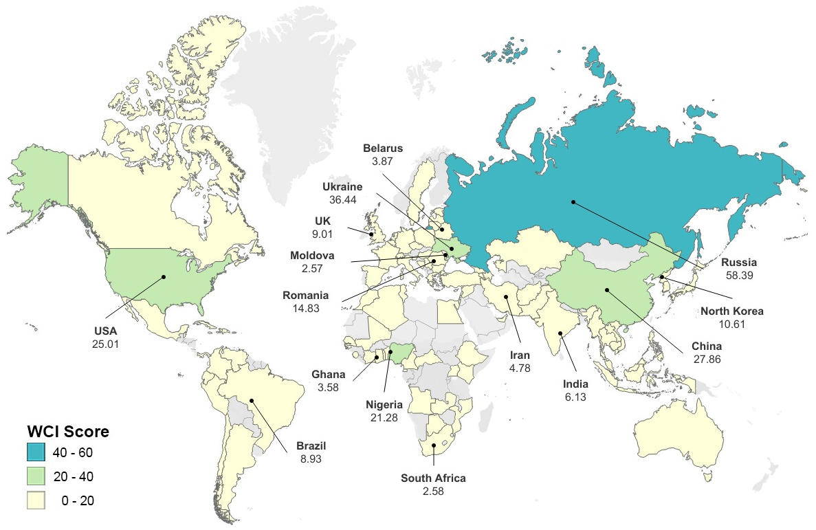 Mapping the global geography of cybercrime with the World Cybercrime Index. Image courtesy https://journals.plos.org/